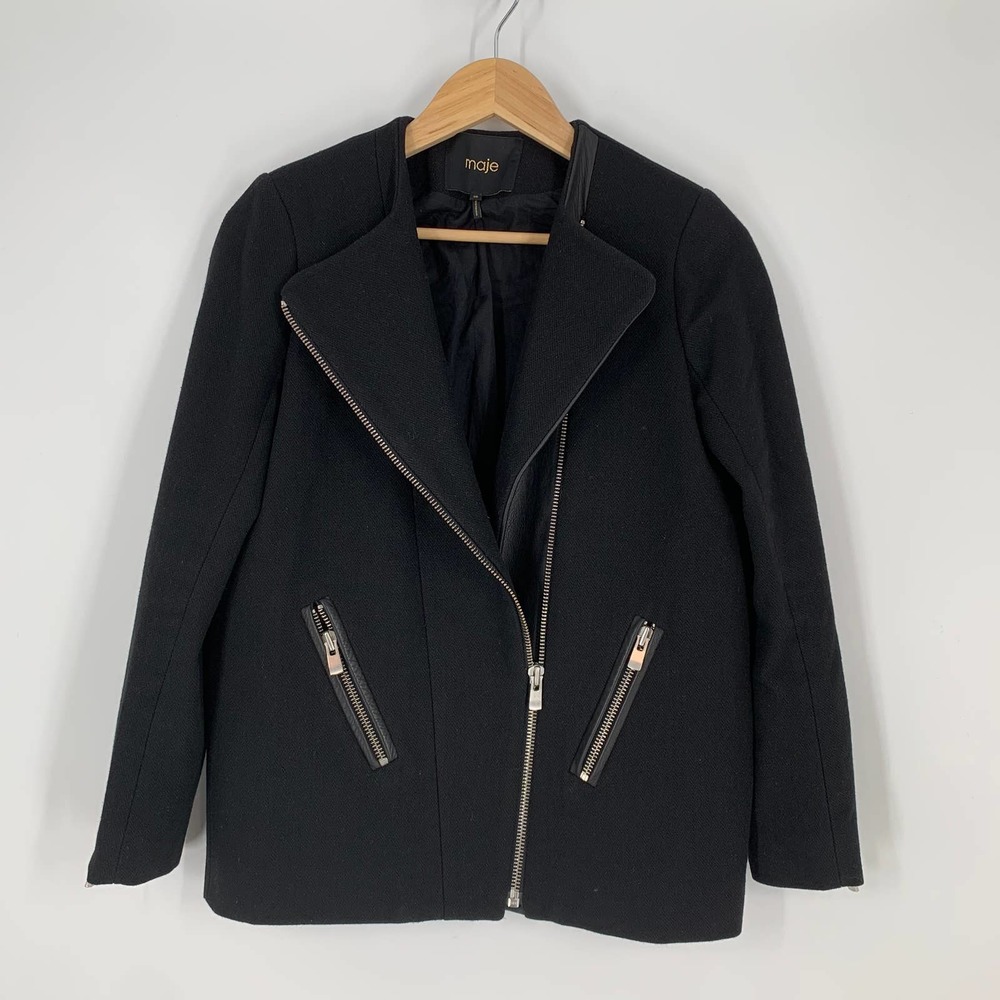 Maje Wool and Leather Moto Jacket Asymmetric Wool Blend Coat Stylized, Black, S